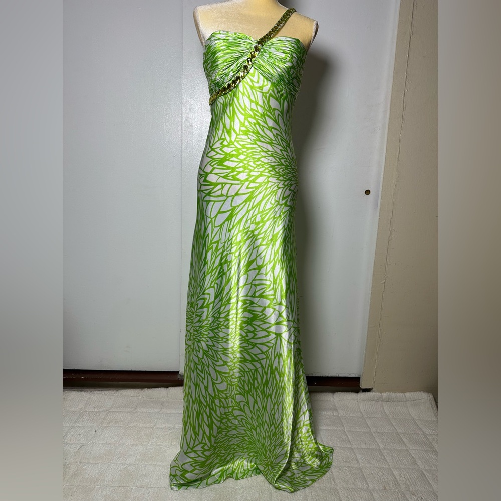 Morgan & Co Vintage Y2K Prom Gown Lime Green Silver 1 Shoulder Embellished 9/10 - Picture 3 of 12